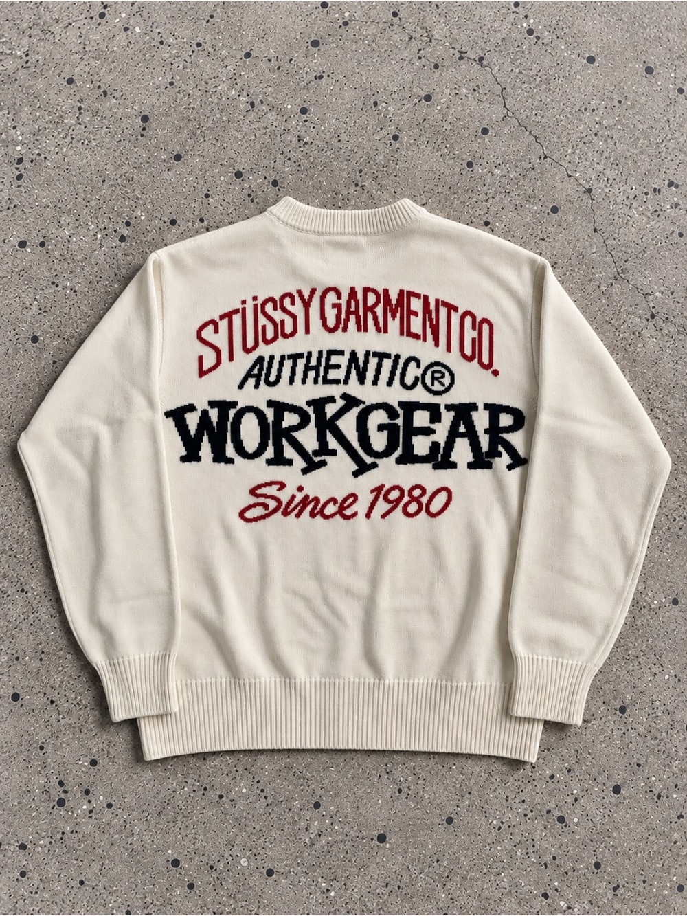 Stussy Cream Crewneck Sweater with Red and Black Workgear Logo